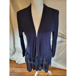 Kim & Cami Navy Blue Open Front Sheer Trim Cardigan Size M